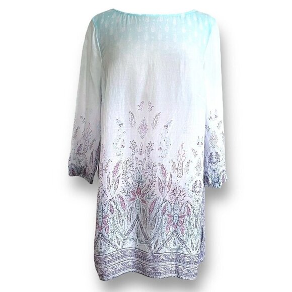 J Jill Womens Tunic Top Sz M Blue Purple Ombre Paisley Semi Sheer Tencel Boho - Picture 1 of 5